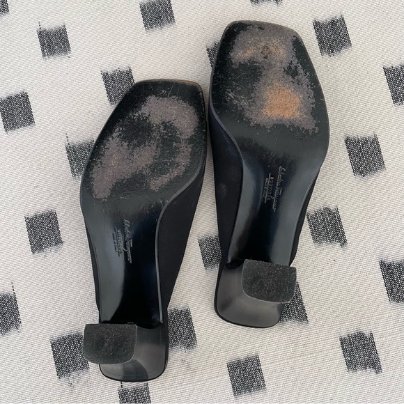Salvatore Ferragamo Slides. Vintage Black Block Heels with Silver Logo Design. - Picture 5 of 5